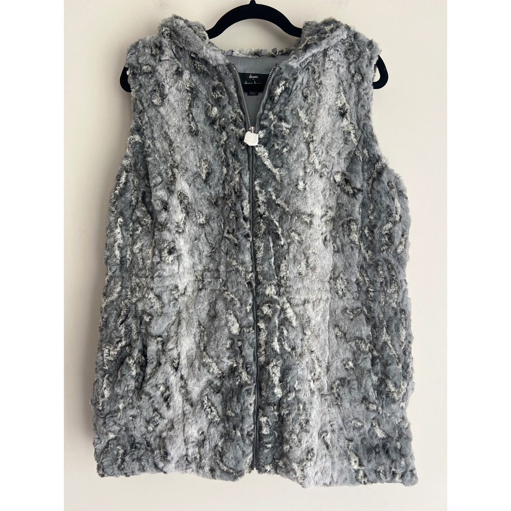 Dennis by Dennis Basso Grey Marbled Faux Fur Hooded Vest Zip Front Size M NWOT